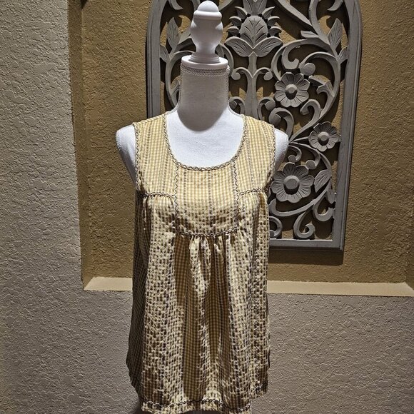 Max Studio Butter Yellow Gingham Baby doll Top S Embroidered Vintage Boho Tunic - Picture 1 of 10